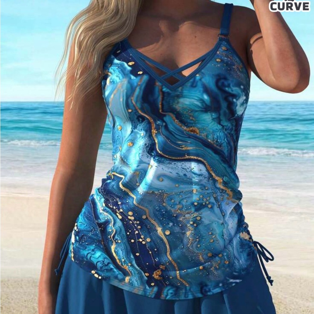 Blue Marble Print Strappy swim tankini skirt set